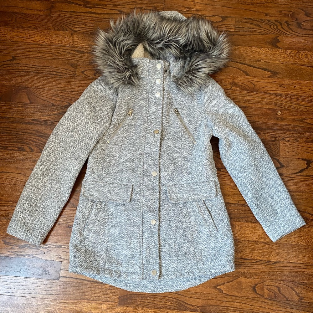 Nautica, gray and white tweed coat with fur hood. Size XS.